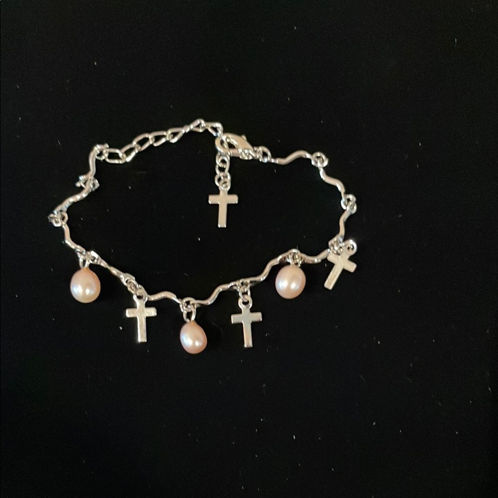 Silver Cross and Pearl Charm Bracelet